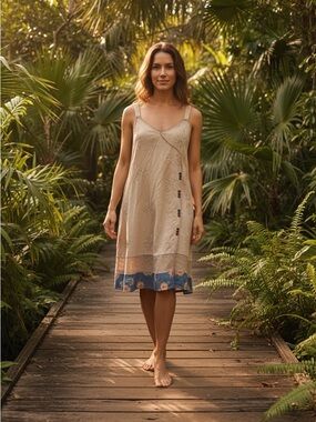 Daisy Island Sleeveless Beige Embroidered Dress with Blue Floral Hem Size Medium